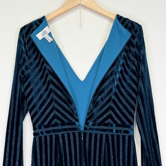 Belle BADGLEY MICSHKA Velvet Long Gown Womens 6 Teal Blue Stripes Formal Evening - Picture 7 of 11